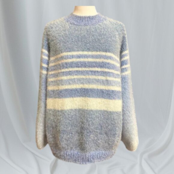 Blue and White Striped Fuzzy Sweater, Soft Women’s Knit Pullover Cozy - Picture 2 of 11